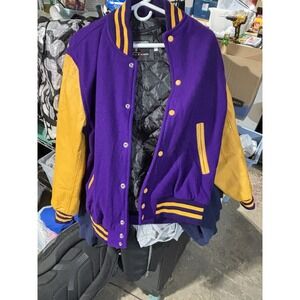 POWER MEMORIALStewart & Strauss Wool & Leather Purple Yellow Letterman Jacket Lg